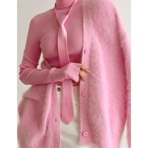 Women’s Nylon Fuzzy Mohair Cardigan Large Open Front V Neck Cozy Sweater - Picture 7 of 7